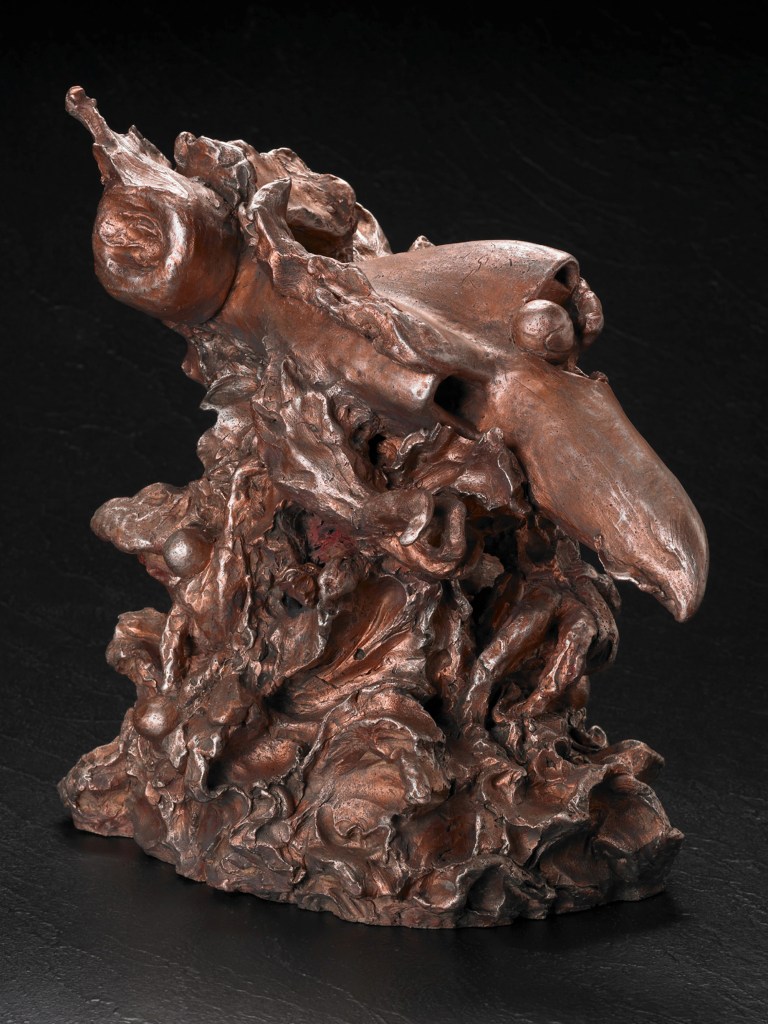 “CRUEL” 16″ x 10″ x 14″ terracotta with metallic patina. 29 lbs.